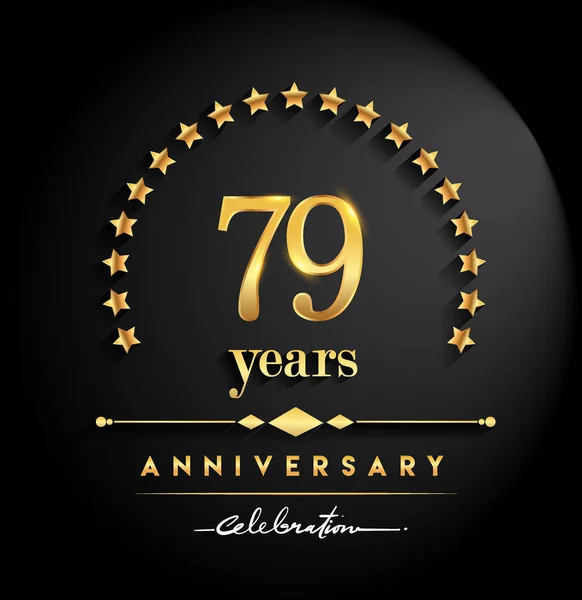 79 years anniversary celebration. Anniversary logo with stars and elegant golden color isolated on black background, vector design for celebration, invitation card, and greeting card