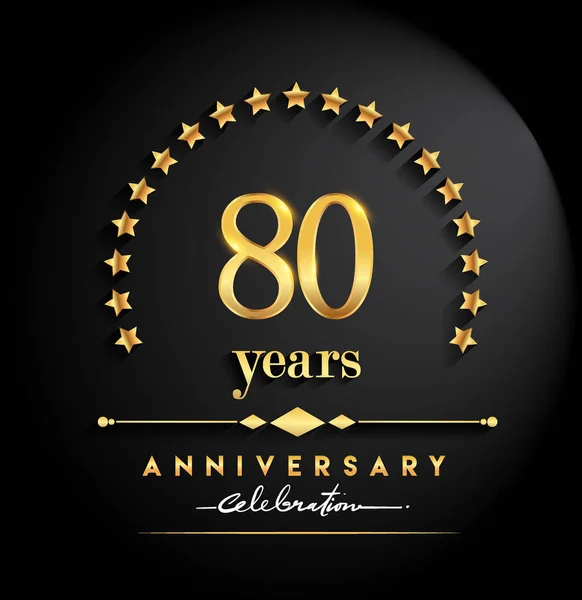 80 years anniversary celebration. Anniversary logo with stars and elegant golden color isolated on black background, vector design for celebration, invitation card, and greeting card