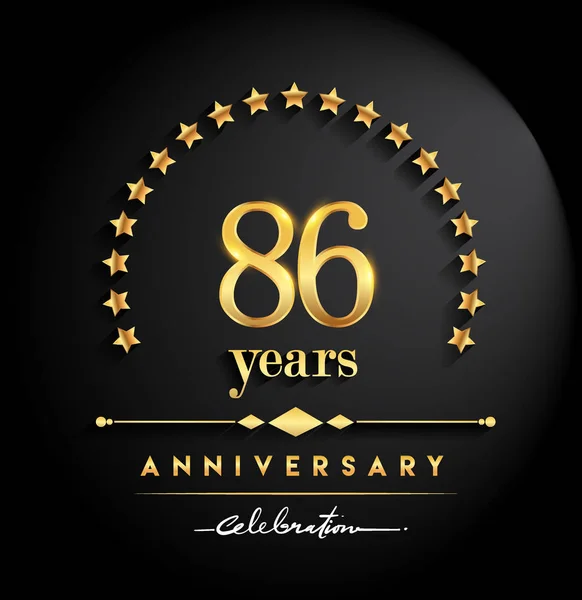 86 years anniversary celebration. Anniversary logo with stars and elegant golden color isolated on black background, vector design for celebration, invitation card, and greeting card