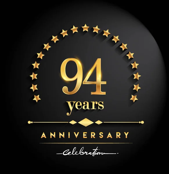 94 years anniversary celebration. Anniversary logo with stars and elegant golden color isolated on black background, vector design for celebration, invitation card, and greeting card