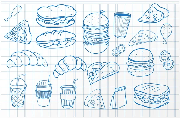 Comida Rápida Dibujada Mano Hoja Del Cuaderno Ilustración Vectorial — Vector de stock