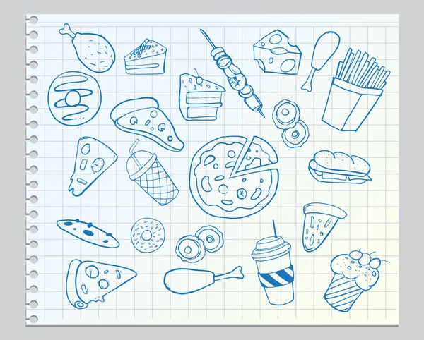 Tangan Ditarik Makanan Cepat Saji Pada Lembar Notebook Ilustrasi Vektor - Stok Vektor