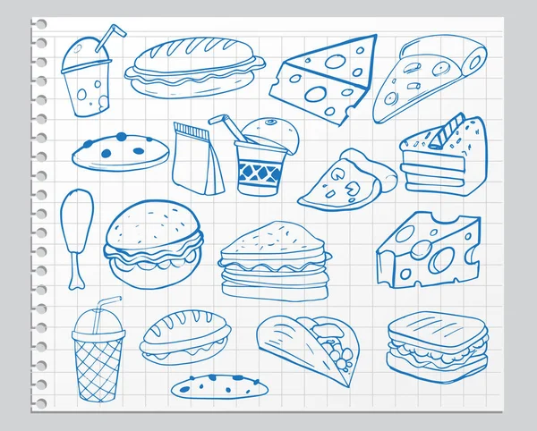 Fast Food Disegnato Mano Sul Foglio Del Taccuino Illustrazione Vettoriale — Vettoriale Stock