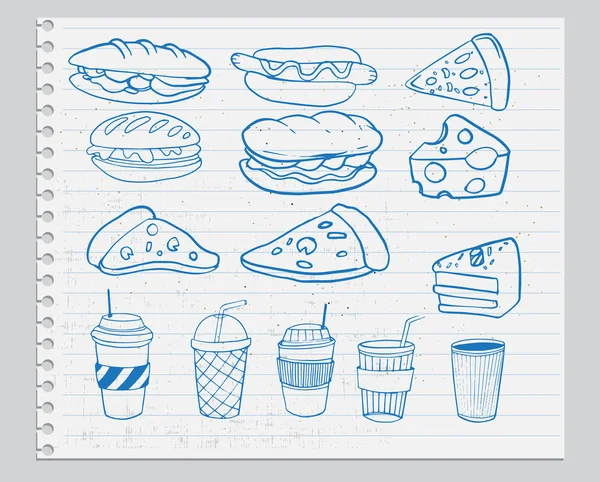 Fast Food Disegnato Mano Sul Foglio Del Taccuino Illustrazione Vettoriale — Vettoriale Stock