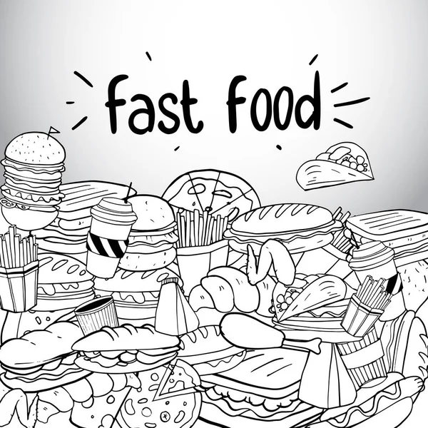 Schizzo Disegnato Mano Fast Food Con Scritte Doodle Set Illustrazione — Vettoriale Stock
