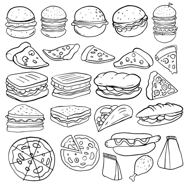 Hand Drawn Sketch Fast Food Lettering Doodle Set Vector Illustration — Stock Vector