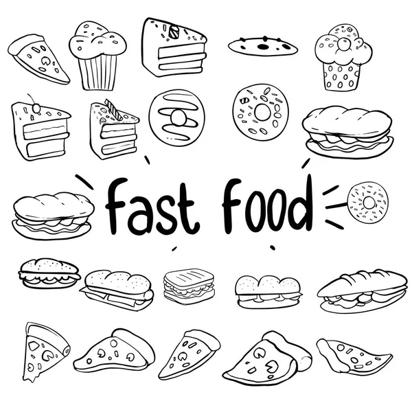 Dibujo Dibujado Mano Comida Rápida Con Letras Conjunto Doodle Ilustración — Vector de stock