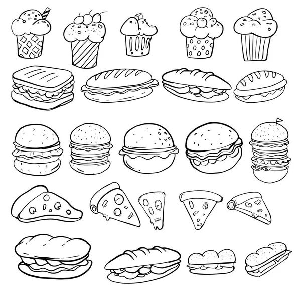 Dibujo Dibujado Mano Comida Rápida Conjunto Doodle Ilustración Vectorial — Vector de stock