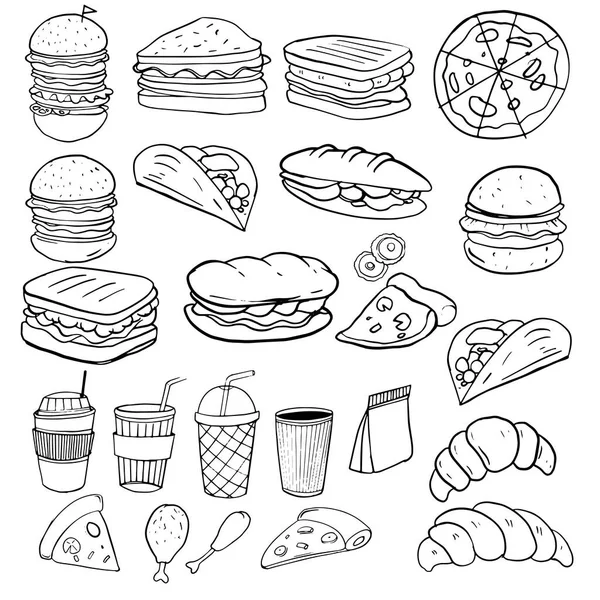 Elle çizilmiş kroki fast food. Küme, vektör çizim doodle.