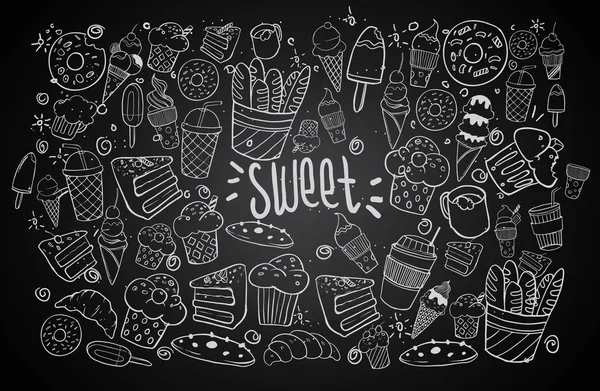 Dibujo Dibujado Mano Comida Dulce Con Letras Conjunto Doodle Ilustración — Vector de stock