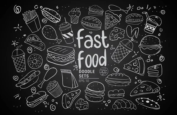 Dibujo Dibujado Mano Comida Rápida Con Letras Conjunto Doodle Ilustración — Vector de stock