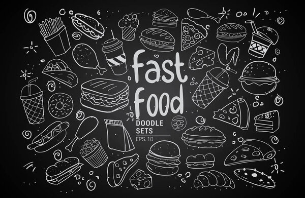 Hand drawn sketch of fast food with lettering. Doodle set, vector illustration.