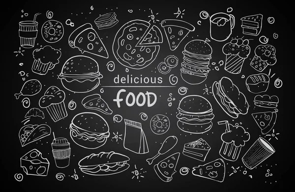 Hand drawn sketch of fast food with lettering. Doodle set, vector illustration.