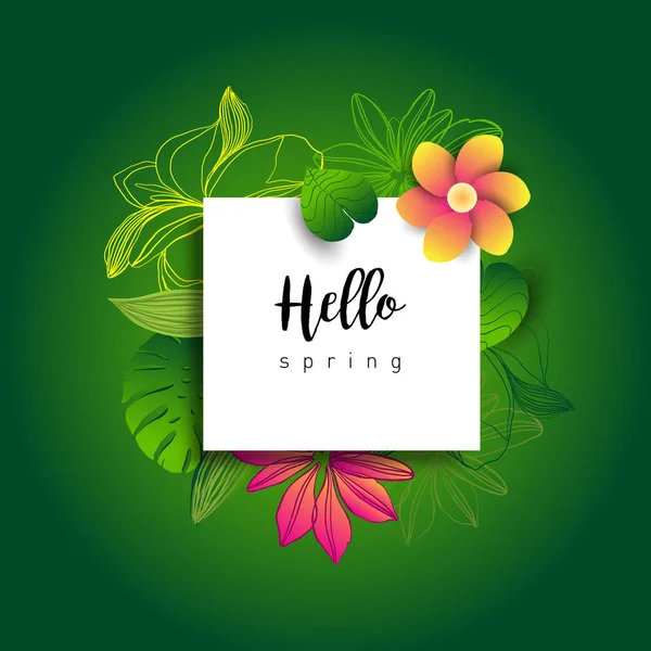 Hello Spring Trendy Banner Leaves Tropical Plants Hand Drawn Lettering — Stock Vector