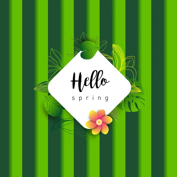 Hello Spring Trendy Banner Leaves Tropical Plants Hand Drawn Lettering — Stock Vector