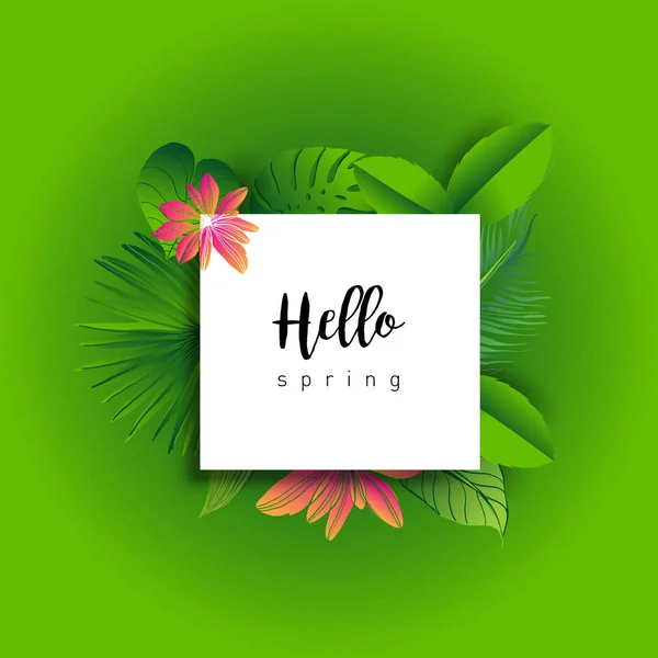 Hallo Frühling Trendiges Banner Mit Blättern Tropischer Pflanzen Und Handgezeichneten — Stockvektor