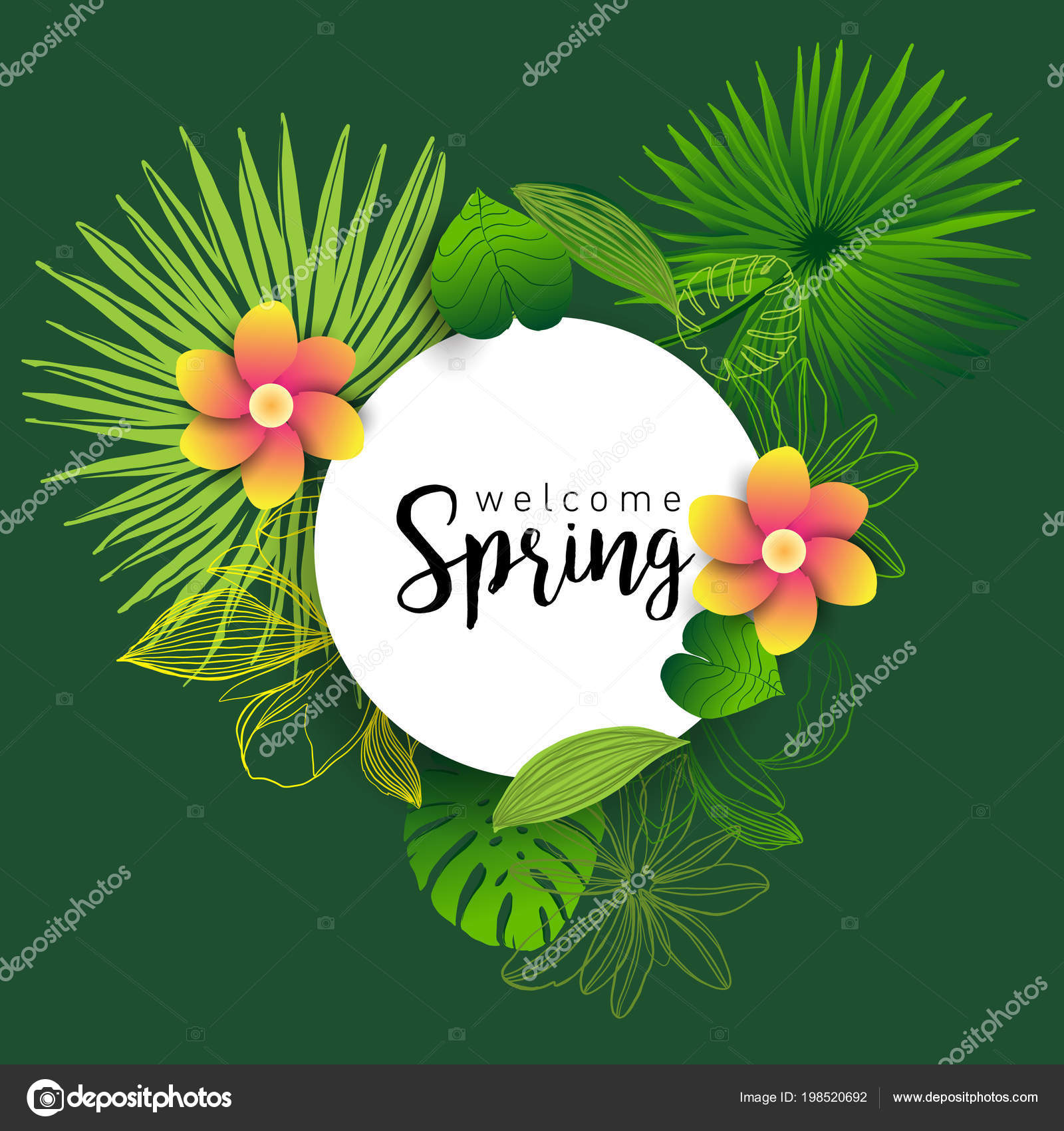 Welcome Spring Trendy Banner Leaves Tropical Plants Flowers Hand Drawn Welcome Spring Trendy Banner Leaves Tropical Plants Flowers Hand Drawn