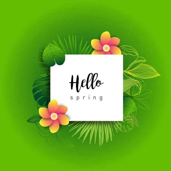 Hello Spring Trendy Banner Leaves Tropical Plants Hand Drawn Lettering — Stock Vector