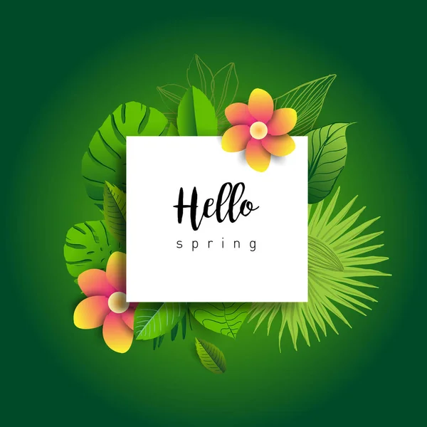 Hallo Frühling Trendiges Banner Mit Blättern Tropischer Pflanzen Und Handgezeichneten — Stockvektor
