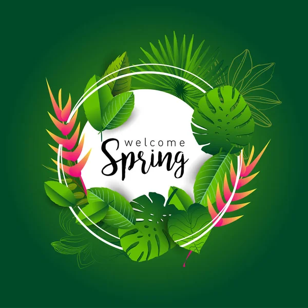 Willkommen Frühling Trendiges Banner Mit Blättern Tropischer Pflanzen Blumen Und — Stockvektor