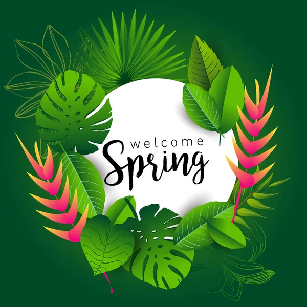 Bem Vinda Primavera Banner Moda Com Folhas Plantas Tropicais Flores — Vetor de Stock