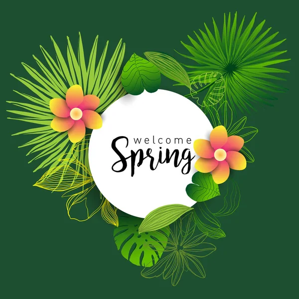 Willkommen Frühling Trendiges Banner Mit Blättern Tropischer Pflanzen Blumen Und — Stockvektor