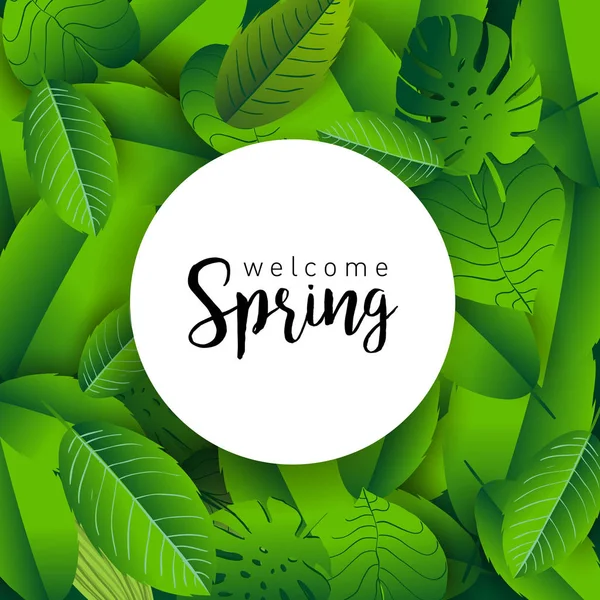Bem Vinda Primavera Banner Moda Com Folhas Plantas Tropicais Letras — Vetor de Stock