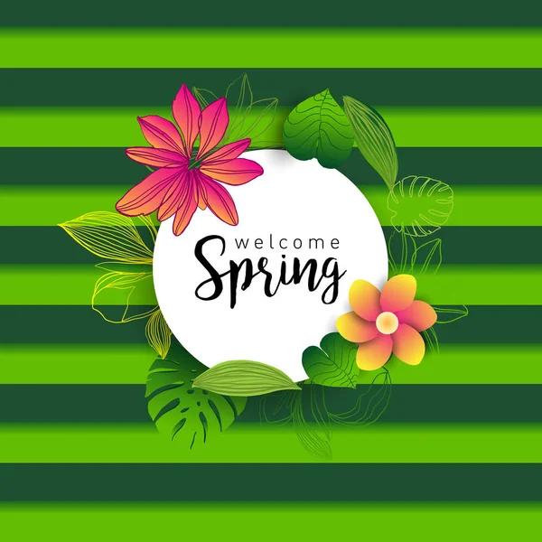 Bienvenida Primavera Banner Moda Con Hojas Plantas Tropicales Flores Letras — Vector de stock