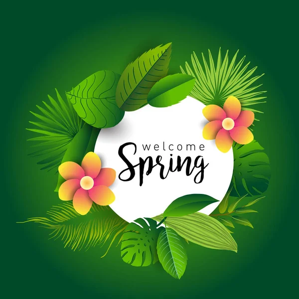 Bienvenida Primavera Banner Moda Con Hojas Plantas Tropicales Flores Letras — Vector de stock