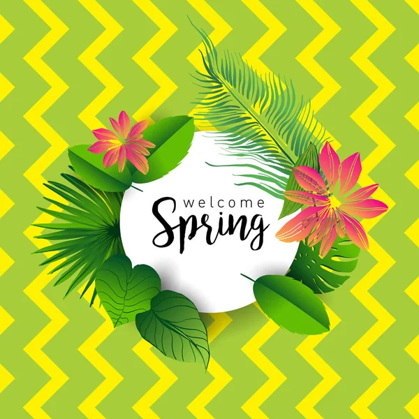 Bem Vinda Primavera Banner Moda Com Folhas Plantas Tropicais Flores —  Vetores de Stock