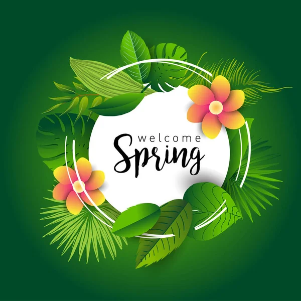 Welcome Spring Trendy Banner Leaves Tropical Plants Flowers Hand Drawn — Stock Vector