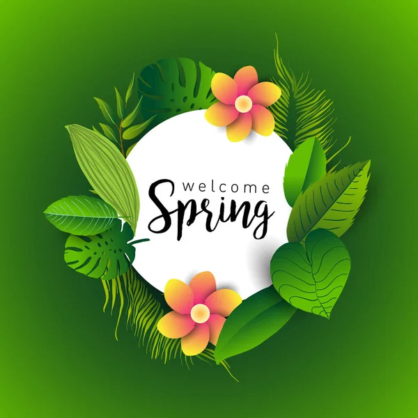 春を歓迎します 熱帯植物や花 手描きのレタリングの葉でトレンディなバナー — ストックベクタ