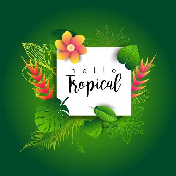 Hola Tropical Banner Moda Con Hojas Plantas Exóticas Flores Letras — Vector de stock