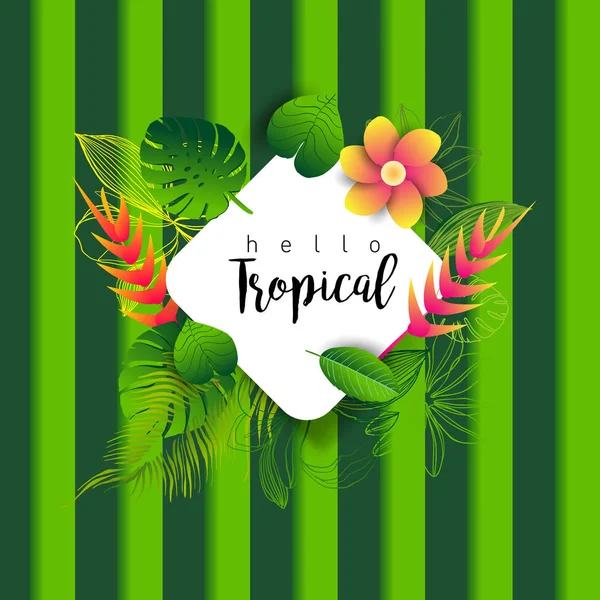 Hello Tropical Trendy Banner Leaves Exotic Plants Flowers Hand Drawn — Stock Vector