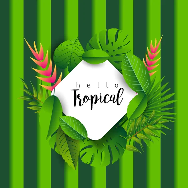 Bonjour Tropical Bannière Tendance Avec Feuilles Plantes Exotiques Fleurs Lettrage — Image vectorielle