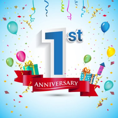 doksan beş için hediye kutusu ve balonlar, kırmızı kurdele, renkli vektör şablon öğeleri ile 1sth yıl yıldönümü kutlama tasarım Doğum günü partisi kutluyor.