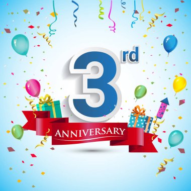 doksan beş için hediye kutusu ve balonlar, kırmızı kurdele, renkli vektör şablon öğeleri ile 3 yıl yıldönümü kutlama tasarım, Doğum günü partisi kutluyor.