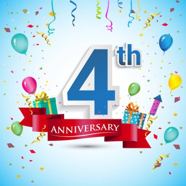 doksan beş için hediye kutusu ve balonlar, kırmızı kurdele, renkli vektör şablon öğeleri ile 4 yıl yıldönümü kutlama tasarım, Doğum günü partisi kutluyor.