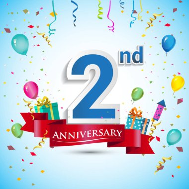 doksan beş için hediye kutusu ve balonlar, kırmızı kurdele, renkli vektör şablon öğeleri ile 2 yıl yıldönümü kutlama tasarım, Doğum günü partisi kutluyor.