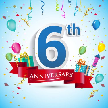 doksan beş için hediye kutusu ve balonlar, kırmızı kurdele, renkli vektör şablon öğeleri ile 6 yıl yıldönümü kutlama tasarım, Doğum günü partisi kutluyor.