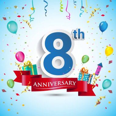 doksan beş için hediye kutusu ve balonlar, kırmızı kurdele, renkli vektör şablon öğeleri ile 8 yıl yıldönümü kutlama tasarım, Doğum günü partisi kutluyor.