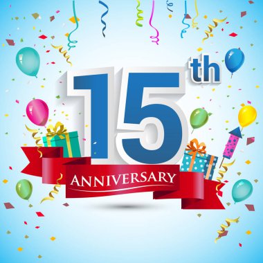 doksan beş için hediye kutusu ve balonlar, kırmızı kurdele, renkli vektör şablon öğeleri ile 15 yıl yıldönümü kutlama tasarım, Doğum günü partisi kutluyor.