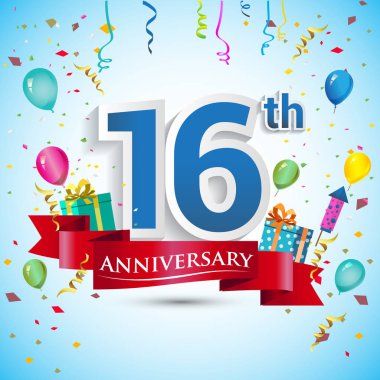 doksan beş için hediye kutusu ve balonlar, kırmızı kurdele, renkli vektör şablon öğeleri ile 16 yıl yıldönümü kutlama tasarım, Doğum günü partisi kutluyor.