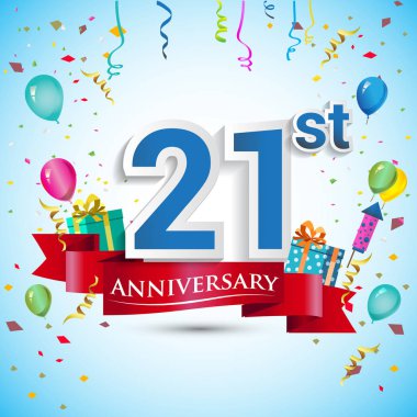doksan beş için hediye kutusu ve balonlar, kırmızı kurdele, renkli vektör şablon öğeleri ile 21 yıl yıldönümü kutlama tasarım, Doğum günü partisi kutluyor.
