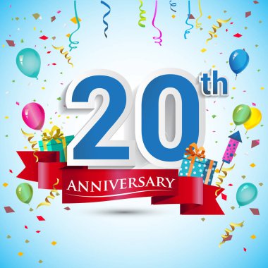 doksan beş için hediye kutusu ve balonlar, kırmızı kurdele, renkli vektör şablon öğeleri ile 20 yıl yıldönümü kutlama tasarım, Doğum günü partisi kutluyor.