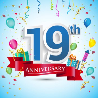 doksan beş için hediye kutusu ve balonlar, kırmızı kurdele, renkli vektör şablon öğeleri ile 19 yıl yıldönümü kutlama tasarım, Doğum günü partisi kutluyor.