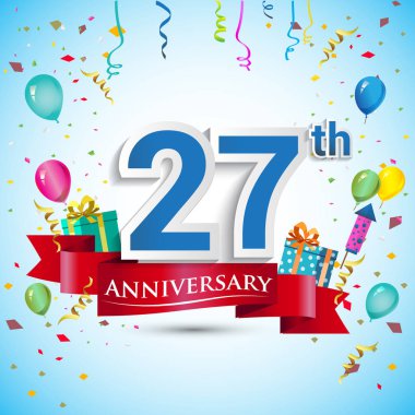 doksan beş için hediye kutusu ve balonlar, kırmızı kurdele, renkli vektör şablon öğeleri ile 27 yıl yıldönümü kutlama tasarım, Doğum günü partisi kutluyor.