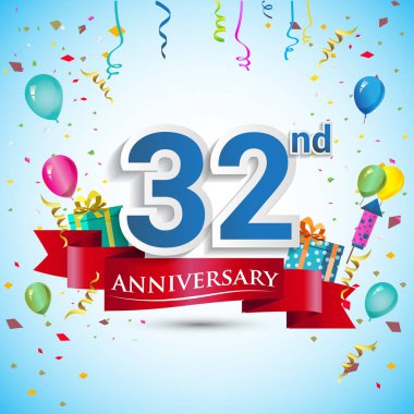 doksan beş için hediye kutusu ve balonlar, kırmızı kurdele, renkli vektör şablon öğeleri ile 32 yıl yıldönümü kutlama tasarım, Doğum günü partisi kutluyor.