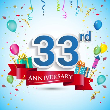 doksan beş için hediye kutusu ve balonlar, kırmızı kurdele, renkli vektör şablon öğeleri ile 33 yıl yıldönümü kutlama tasarım, Doğum günü partisi kutluyor.