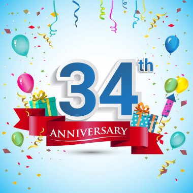 doksan beş için hediye kutusu ve balonlar, kırmızı kurdele, renkli vektör şablon öğeleri ile 34 yıl yıldönümü kutlama tasarım, Doğum günü partisi kutluyor.